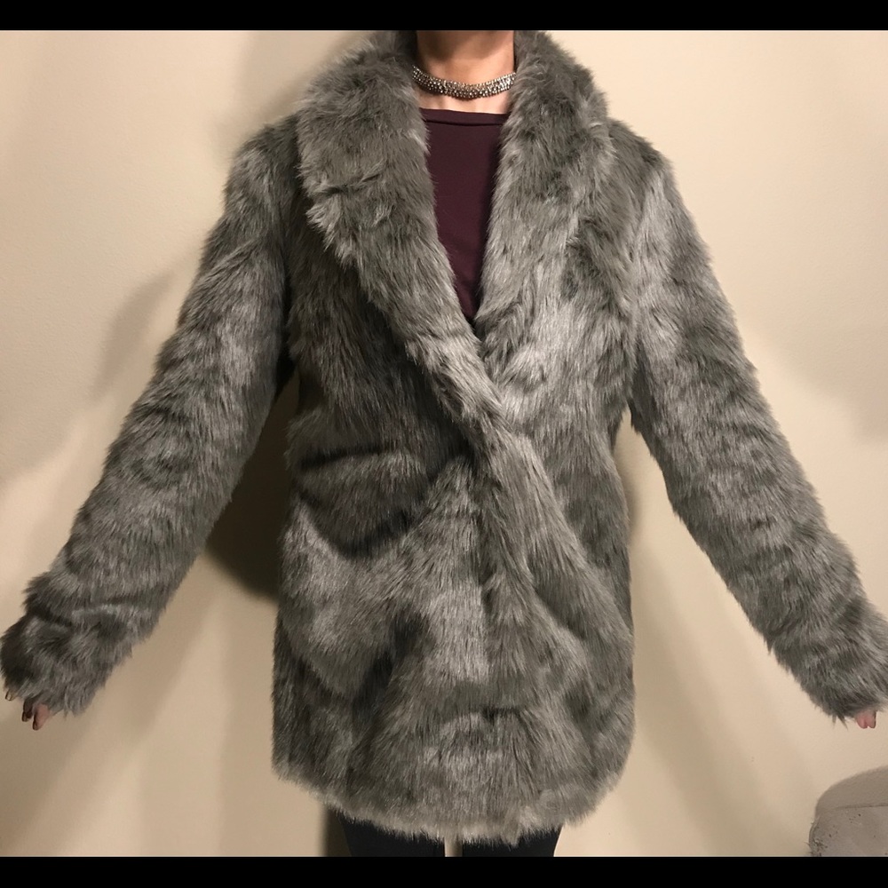 Forever 21 Faux Fur Coat Silver Grey